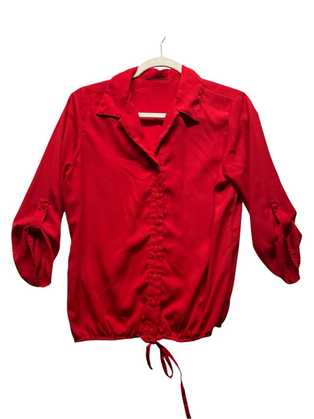 Red Satin Button Front Blouse Roll Tab Sleeve Tie Hem Approx Size M Approx
